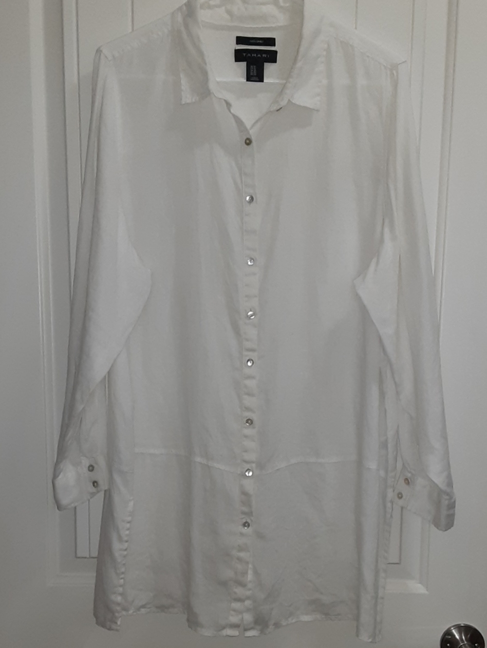 Tahari White 100% Linen Convertible Tunic Shirt Plus Size 1X Mother of Pearl EUC